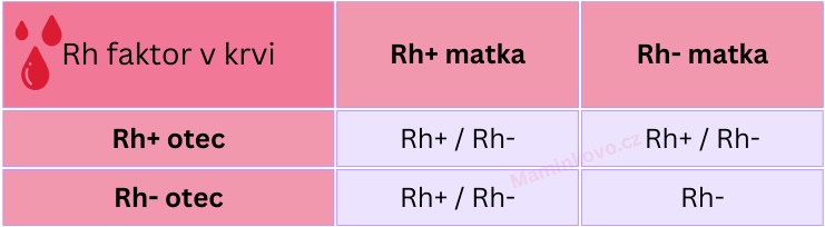 Kombinace Rh faktorů v krvi u matky a otce